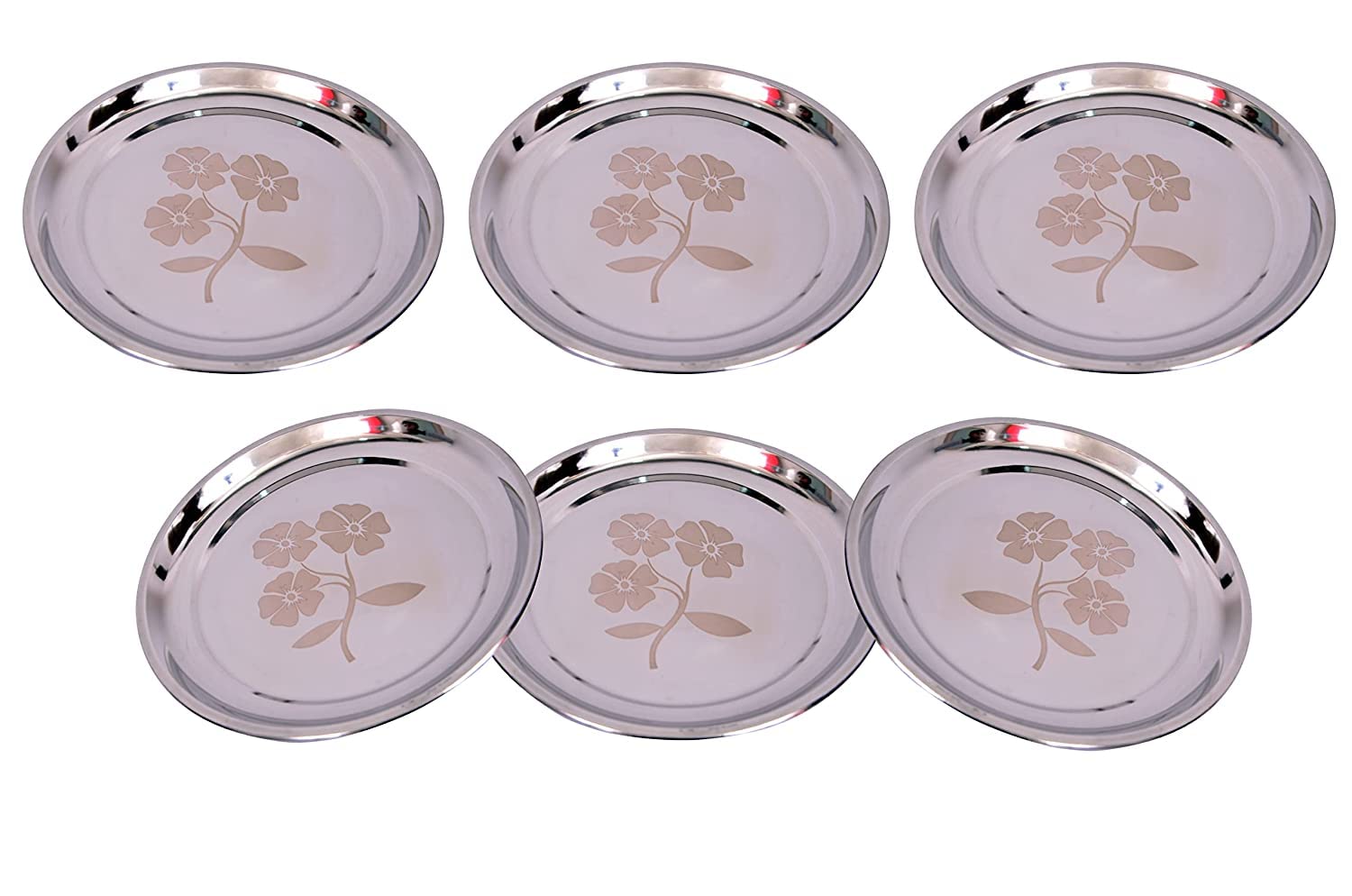 Laser Print | Flower Design | Stainless Steel Lightweight Quarter Plates for Regular Use/Side Serving Plates, Set of 6 Pieces (7" inch)