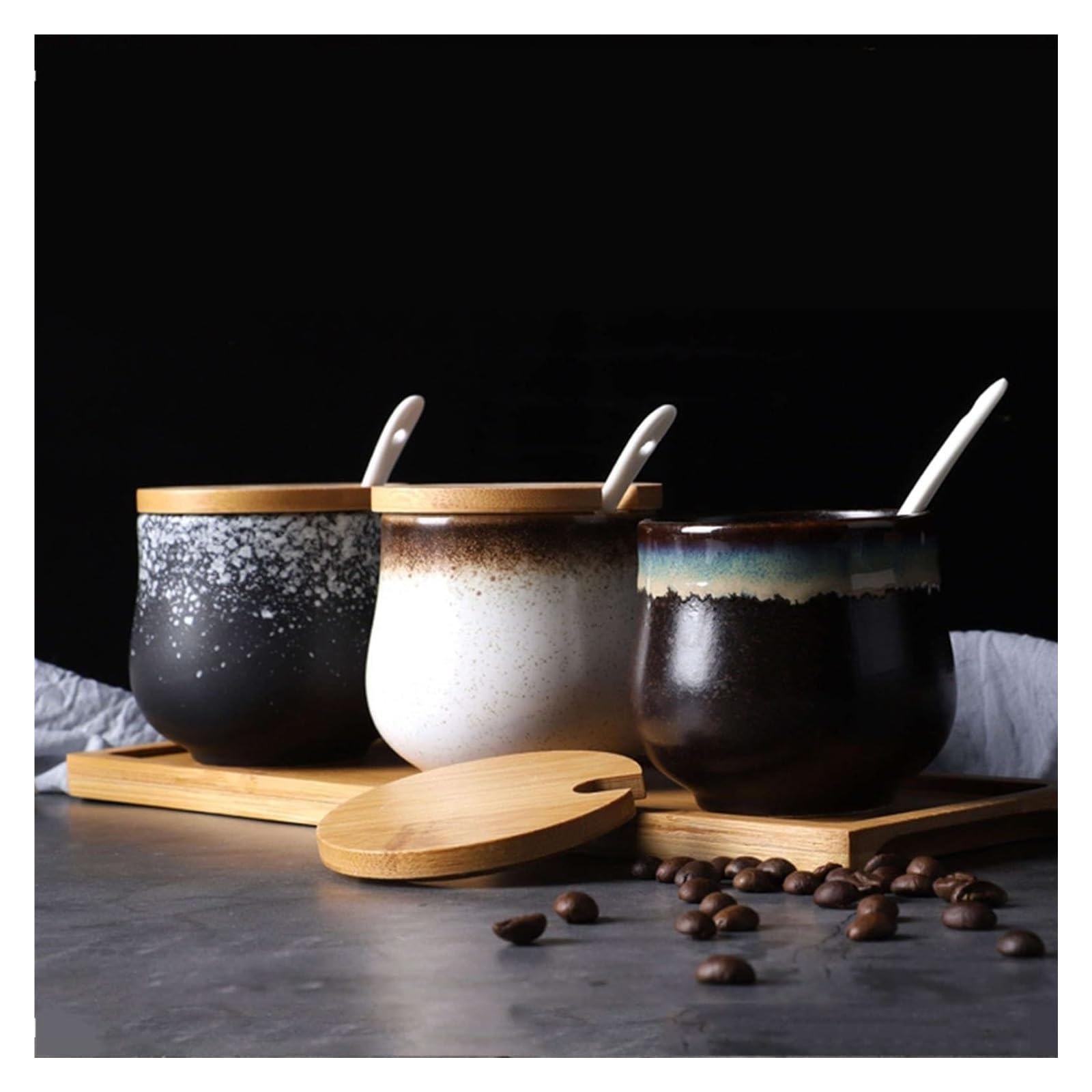 Sucrier, sucrier, sucrier japonais avec couvercle, pot de rangement en céramique rétro, petit pot à sucre, pot à épices for récipient à sucre, for café-bar, restaurant,(F)