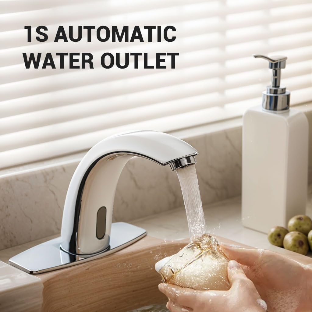 Touchless Bathroom Faucet - Automatic Bathroom Faucet with Hole Cover and Temperature Mixer, Hands-Free Basin Commercial Sensor Faucet (Chrome)