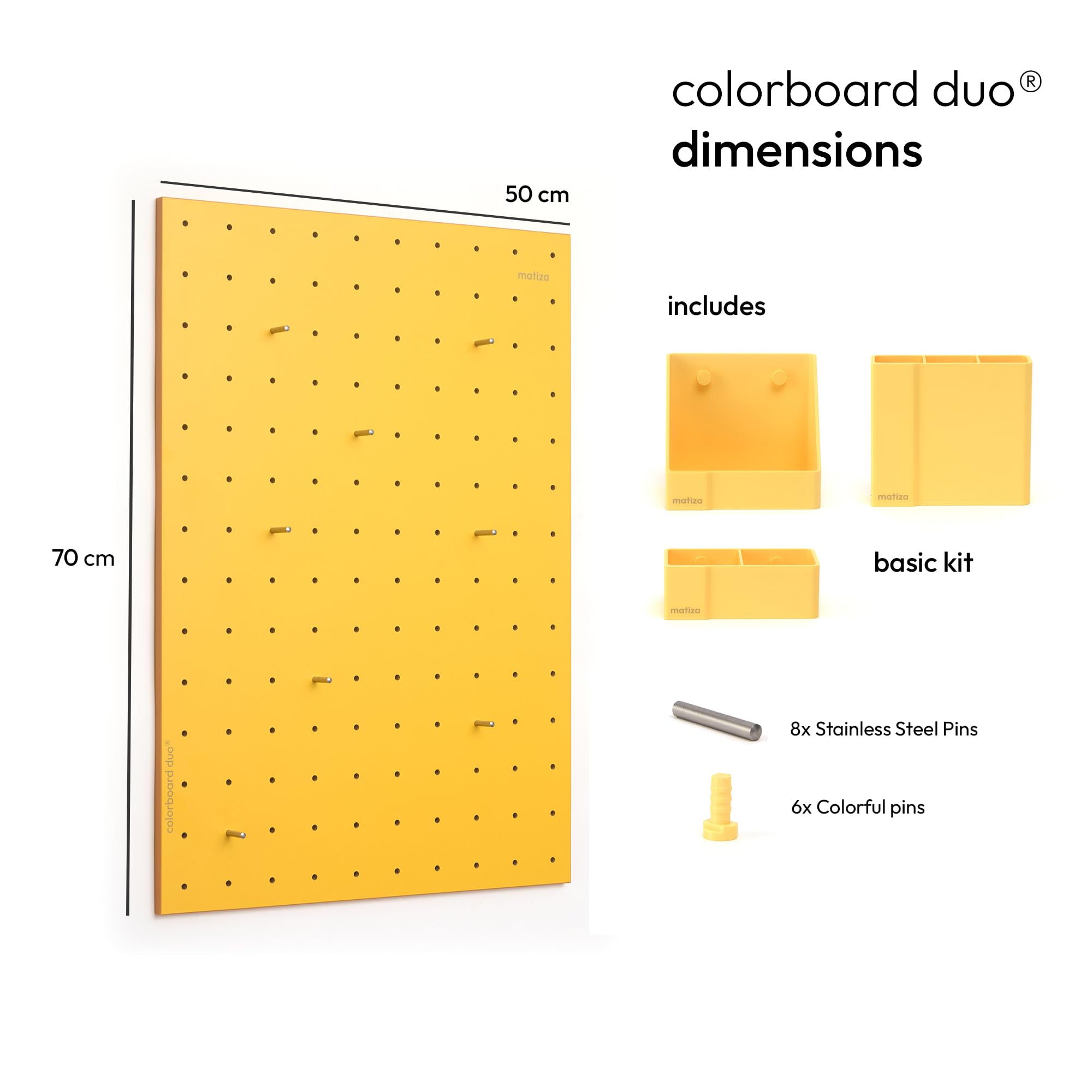 Perforated Wall Board, pegboard, Desk Organizer, Tool Panel, Perforated Panel, Matiza (50 cm x 70 cm, Lavender, Biscuit, Blue, Yellow) - with Boxes Accessories Basic Kit (Yellow)