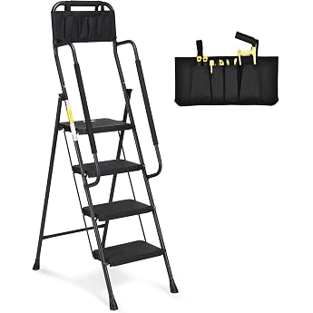 HBTower Leiter 4 Stufen Trittleiter mit Handl ufen klappbarer Tritthocker mit ansteckbarer Werkzeugtasche & breitem Anti-Rutsch-Pedal Leichter 150 kg tragbarer Tritthocker schwarz