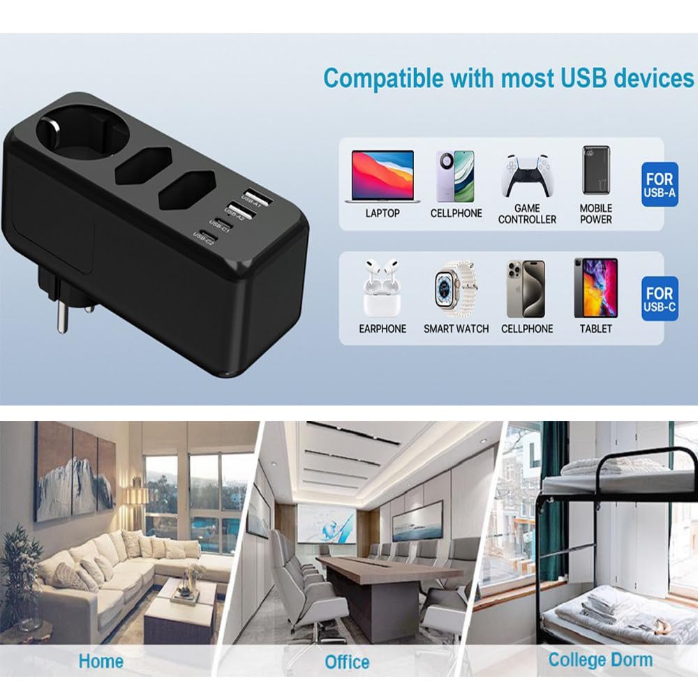 Multipresa Standard Europea, Multiforo, Presa Di Ricarica Usb Per Cellulare, Prolunga Con Protezione Da Sovratensioni Certificata Ce (5,4 X 4 X 16,8 Cm)