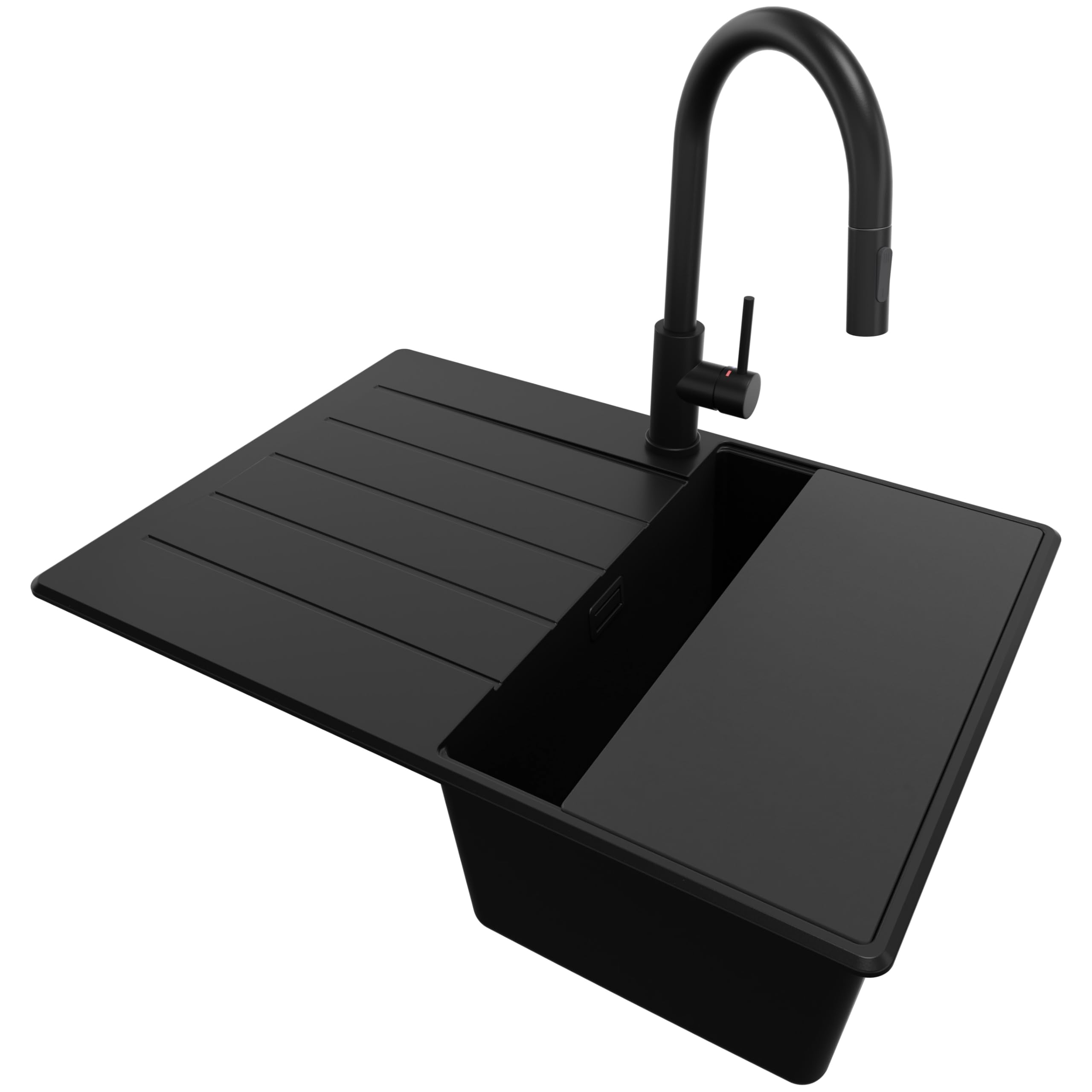 PRIMAGRAN Granitspüle Alles Schwarz - Kopenhagen Top, 70x50cm | Spülbecken 1 Becken + Küchenarmatur 40x20cm + Zuberhor-Set, Küchenspüle ab 40er Unterschrank (S187)