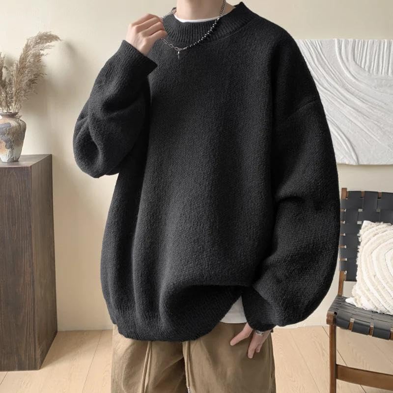 Autumn Winter Loose Sweater Men Neck Knit Solid Long Sleeve Streetwear Pullover Sweaters Casual Clothing3