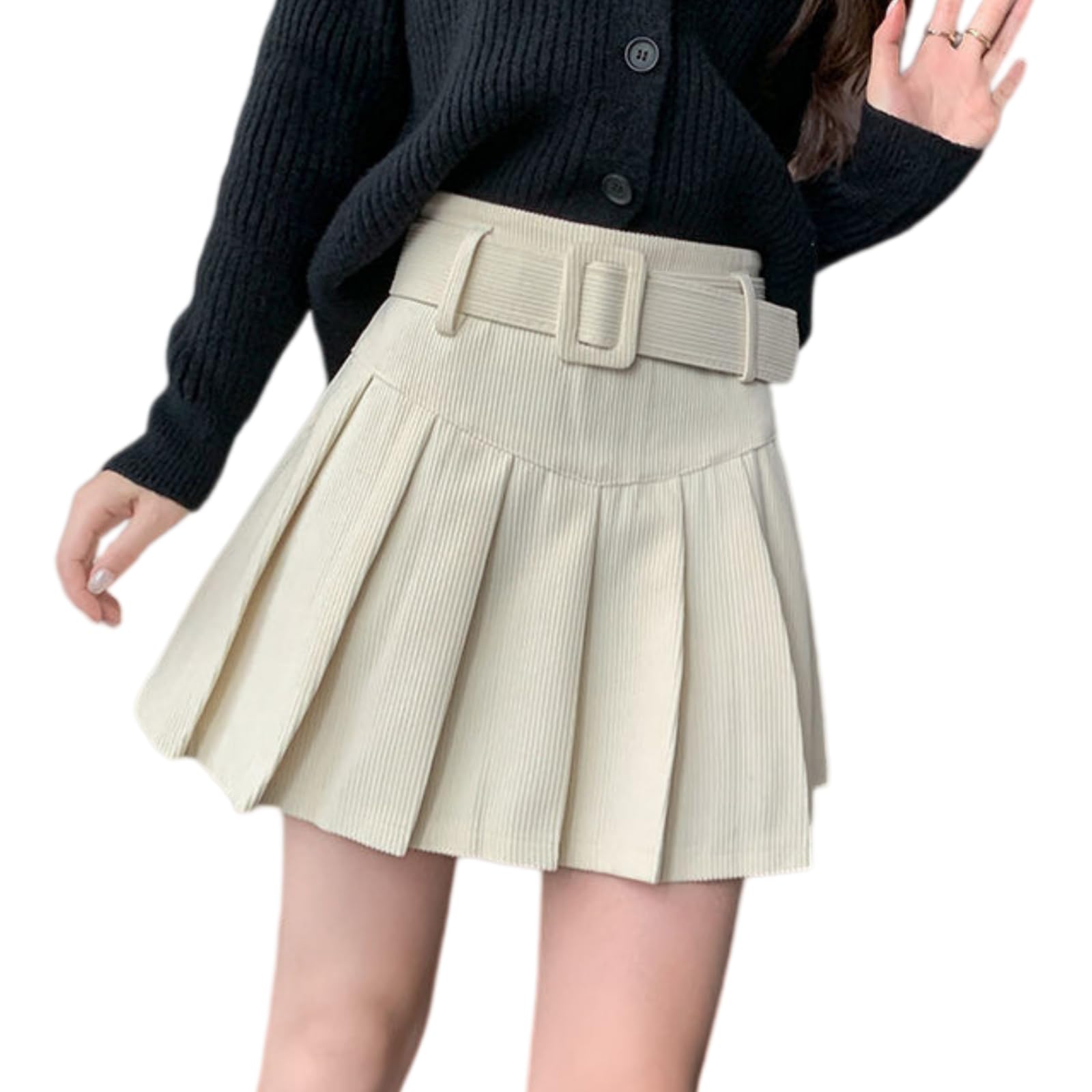 Robe femme mini jupe plissée velours côtelé beige haute taille hiver taille L