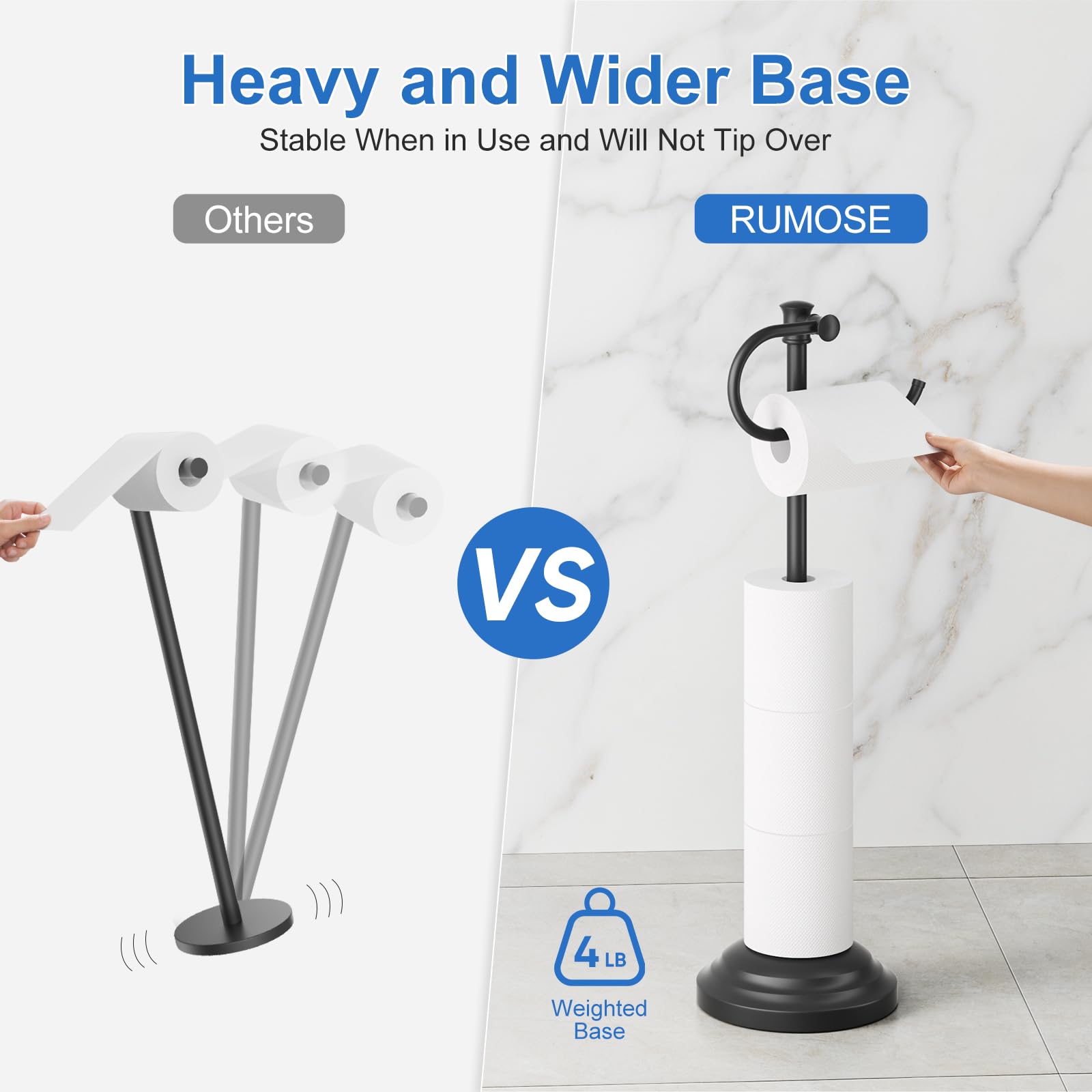 RUMOSE Toilet Paper Holder Stand for Floor Free Standing, Black — Amazon image 3