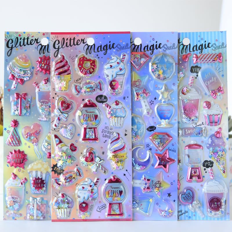 Image of Glitter Magic 3D Puffy Stickers Set for Kids & Teens - Candy, Ice Cream, Stars & Cute Quotes Stickers for Journals, Scrapbooking, School Projects & DIY Crafts