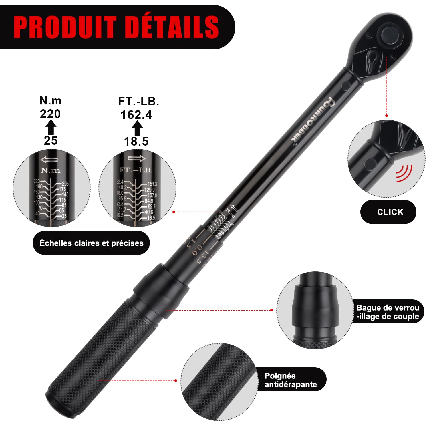 1/2" Clé Dynamométrique 25-220 Nm Précision ±4% | pour Autos,Camion,Motos vélos