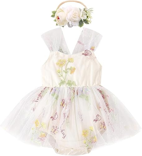 Miniatura 20 de IDOPIP Conjunto de 2 piezas para bebé recién nacido, con diadema, bordado de flores, tutú, princesa, fiesta de cumpleaños, conjunto de ropa