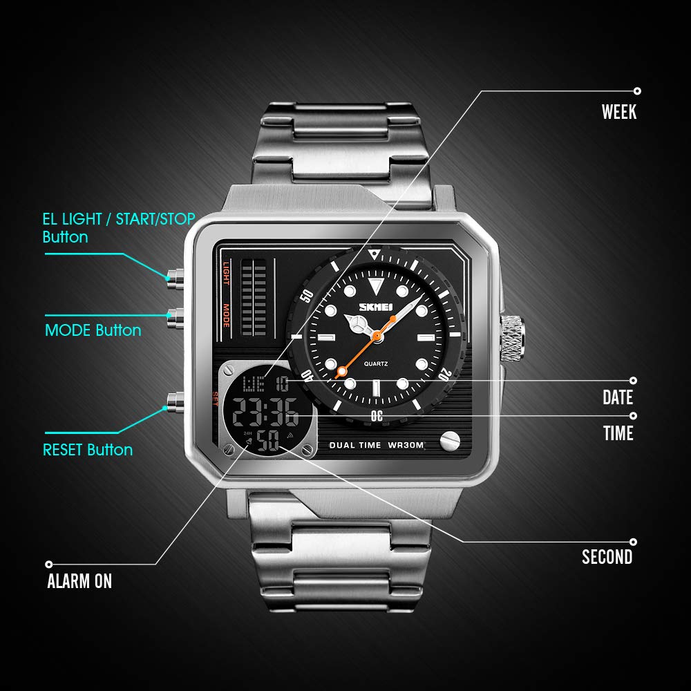 Orologio sportivo digitale da uomo, quadrante grande, in acciaio inox, con LED, analogico, al quarzo, con cronometro impermeabile multi-fuso orario, Argento, big, Digitale