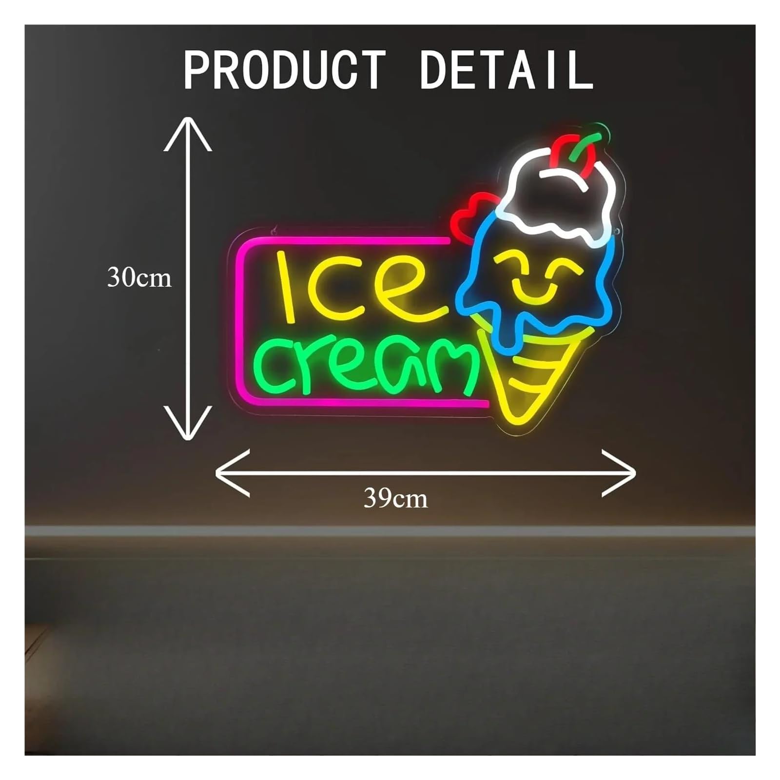 Decoración Lámparas Letrero De Neón Ice Cream Con Alimentación USB Para Negocios, Tiendas, Bares, Cafeterías, Fiestas, Dormitorios, Decoración De Pared, 39x30cm