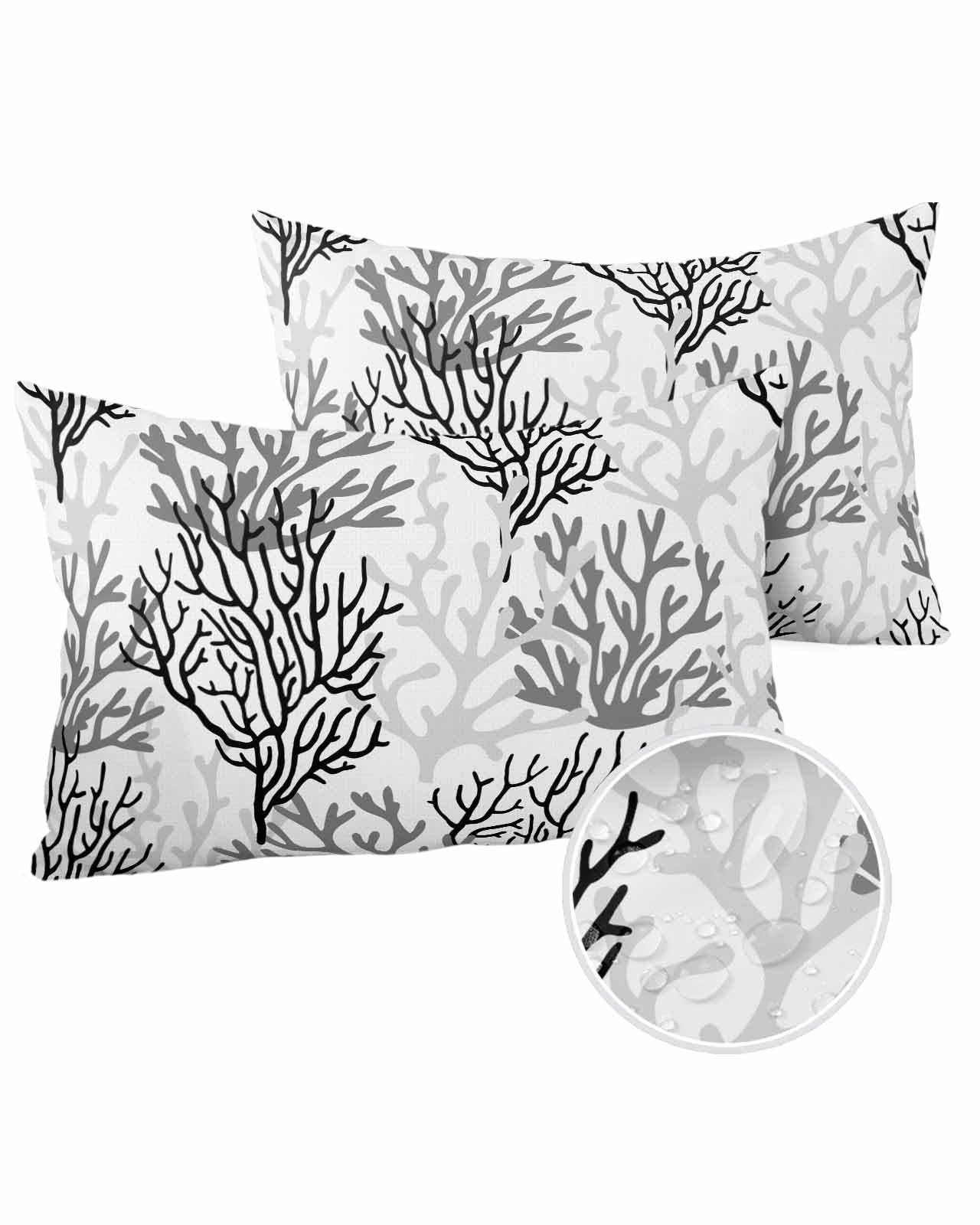 Boanket Lumbar Pillow Covers 12 x 20 in, Black Gray Coral Coastal Waterproof Throw Pillow Cover Set of 2, Summer Beach Seaside Nautical Home Decorative Rectangle Cushion Covers for Patio/Couch/Garden