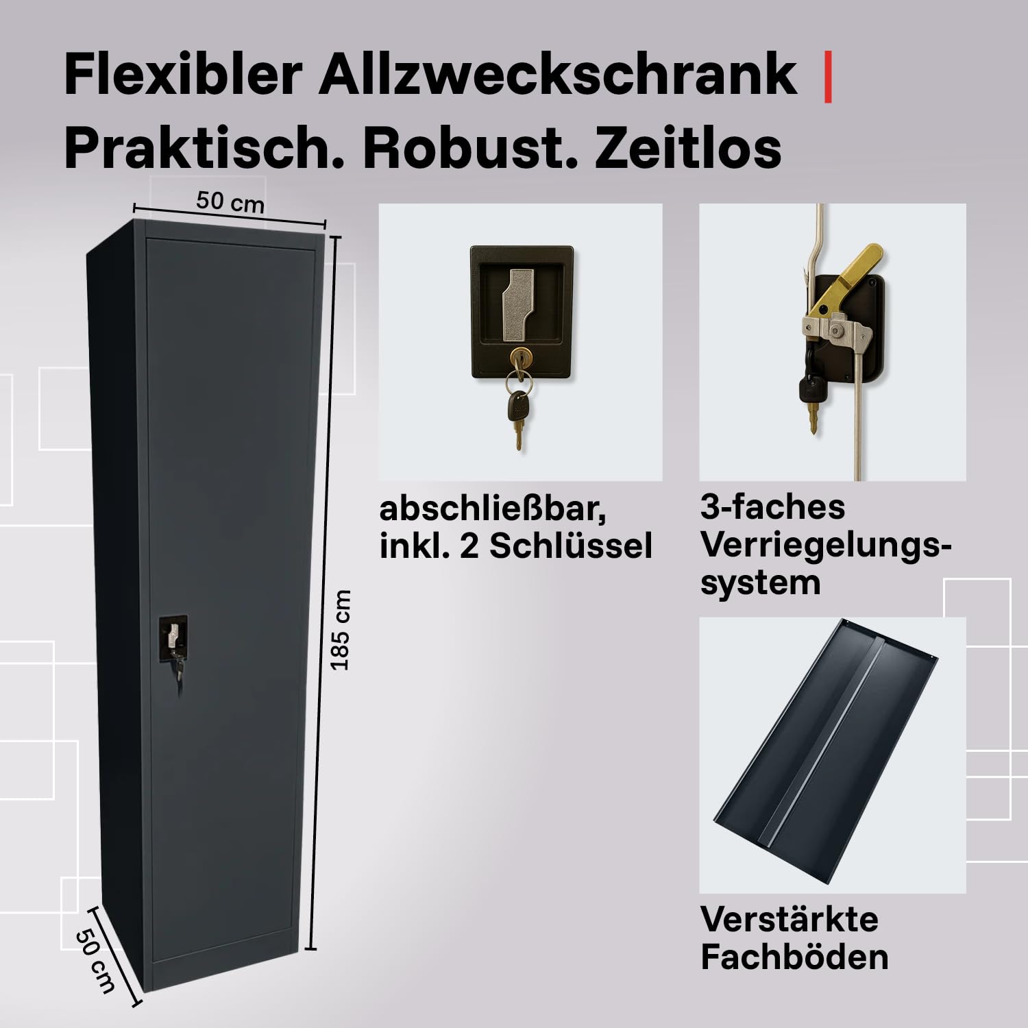 LagerZwei Mehrzweckschrank 185x50x50cm I Metallschrank, 4 Fachböden I Aktenschrank abschließbar I Robuster Allzweckschrank als Spind, Werkstattschrank & Kellerschrank I Stahlschrank anthrazit