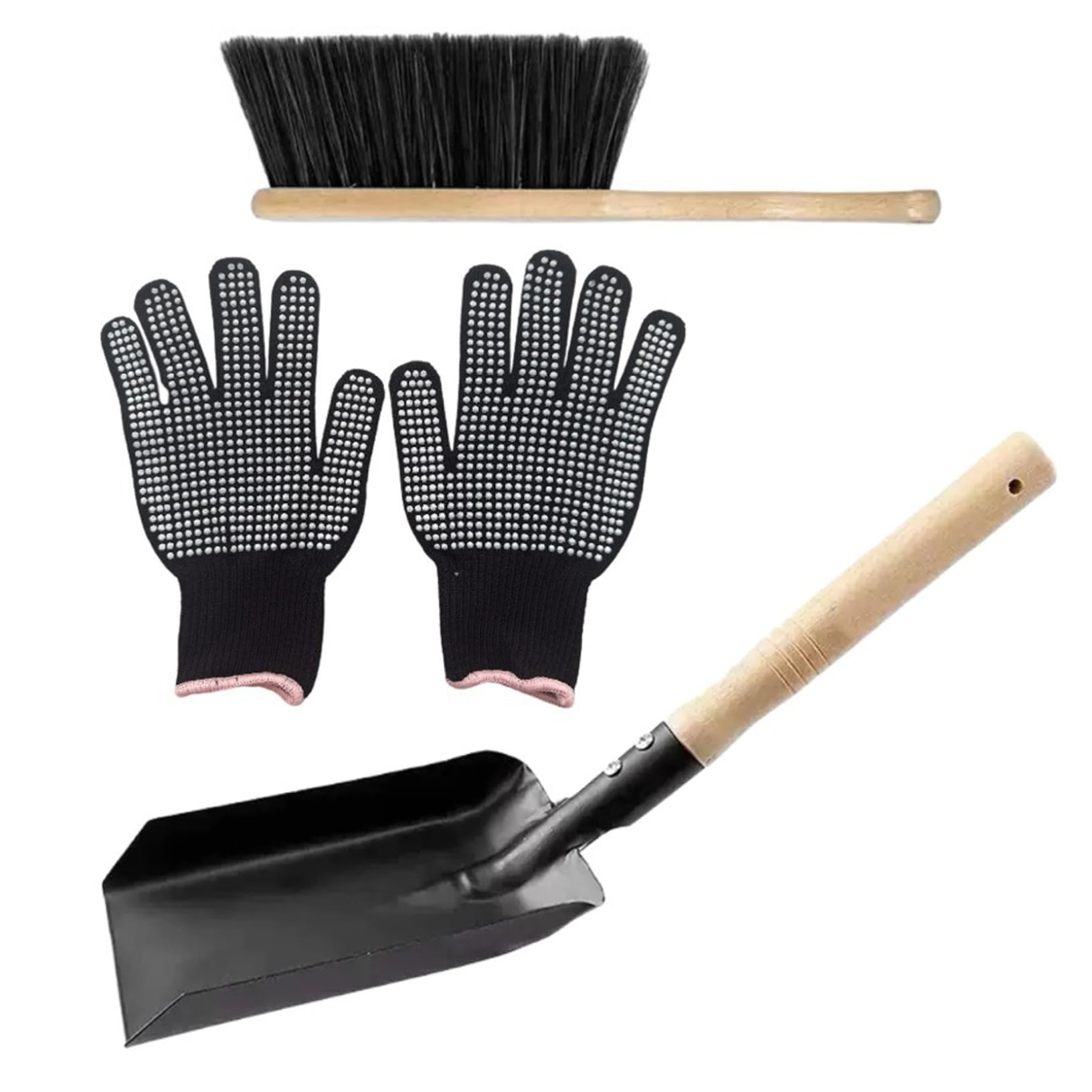 Cakeeyum Black 3Pcs/Set Fireplace Shovel With Fireplace Broom And Gloves Metal Ash Shovel With Wooden Handle For Fire Pit, Hearth, Wood Stove, Broom, Brush, Ash, Fire