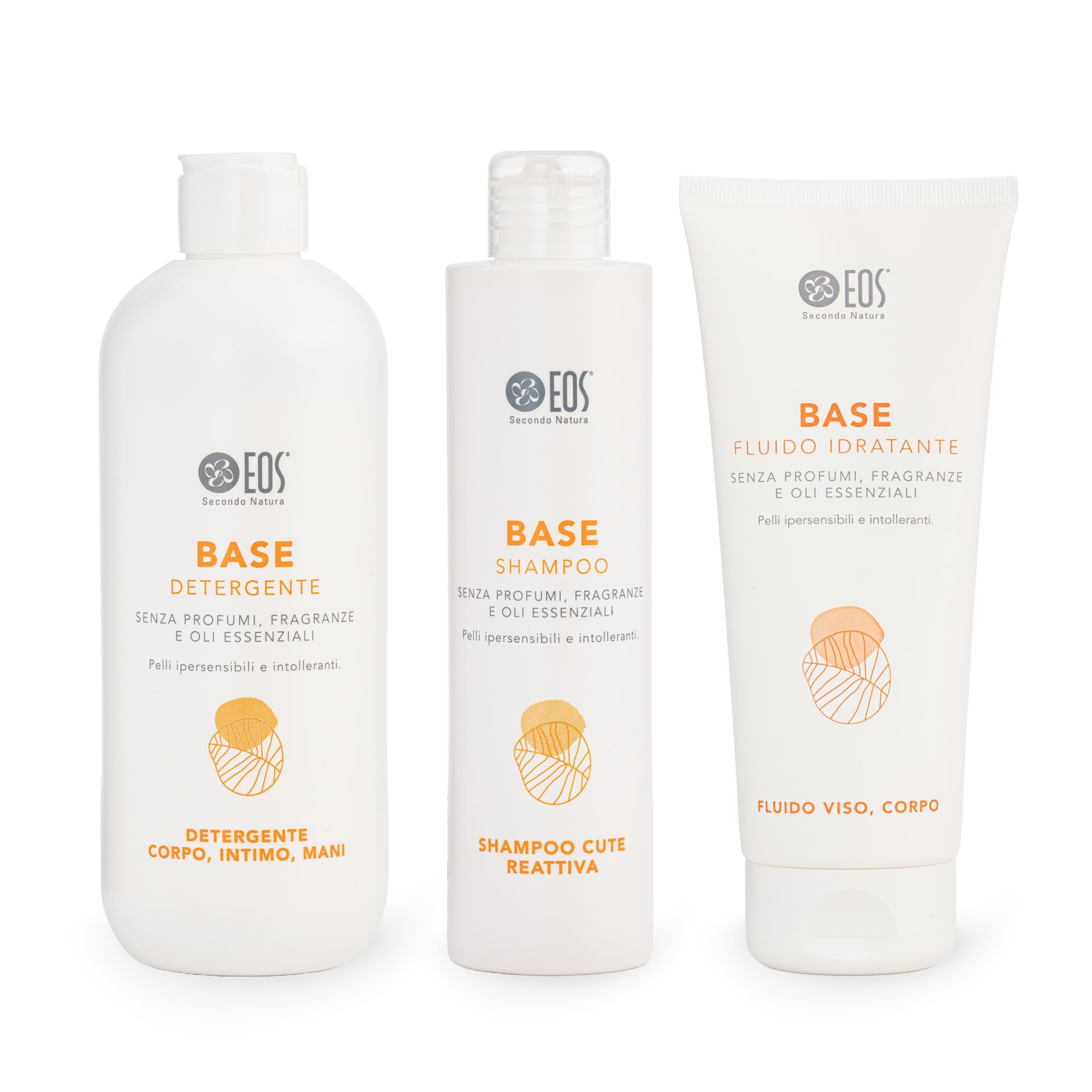 EOS NATURA Kit Base Detergente + Shampoo + Fluido Idratante – 3 Prodotti per Pelle e Cute Ipersensibili, Atopiche e Reattive – Senza Profumo, Fragranze e Oli Essenziali – Per Tutte le Età