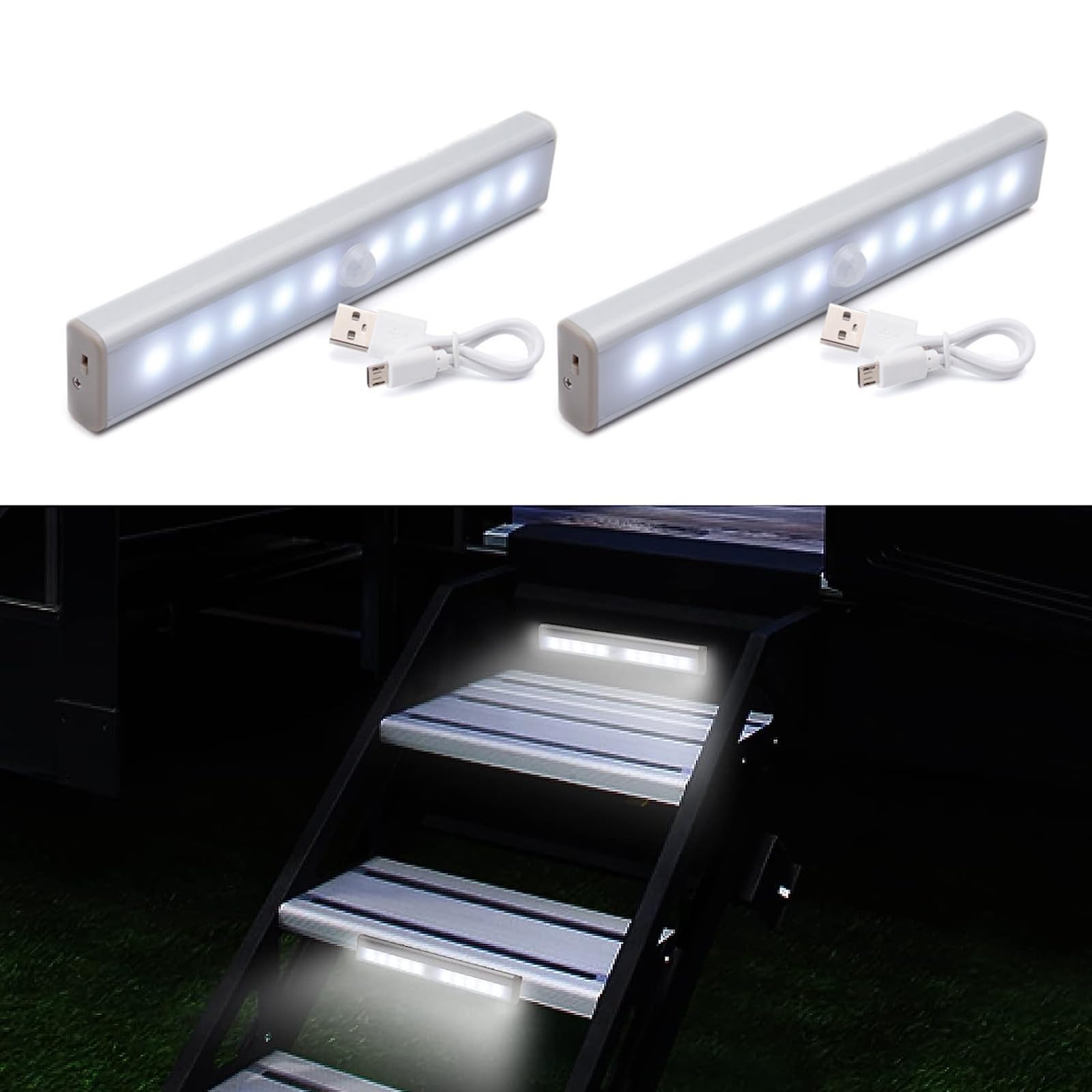 SYLVAWOLVES Motion Activated RV Step Lights, 2Pcs USB Charging 10 LED Light Strip Motorhome Motion Sensor, Magnetic Wireless Led Step Lights for Motorhome Travel Trailer