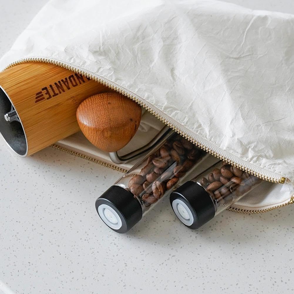 watchget Coffee Bean Container 12PCS Coffee Bean Cellars Tubes Single Dose Coffee Beans Storage with One-Way Exhaust Valve & Black Stand & Silicone Funnel- Organized Storage Solution