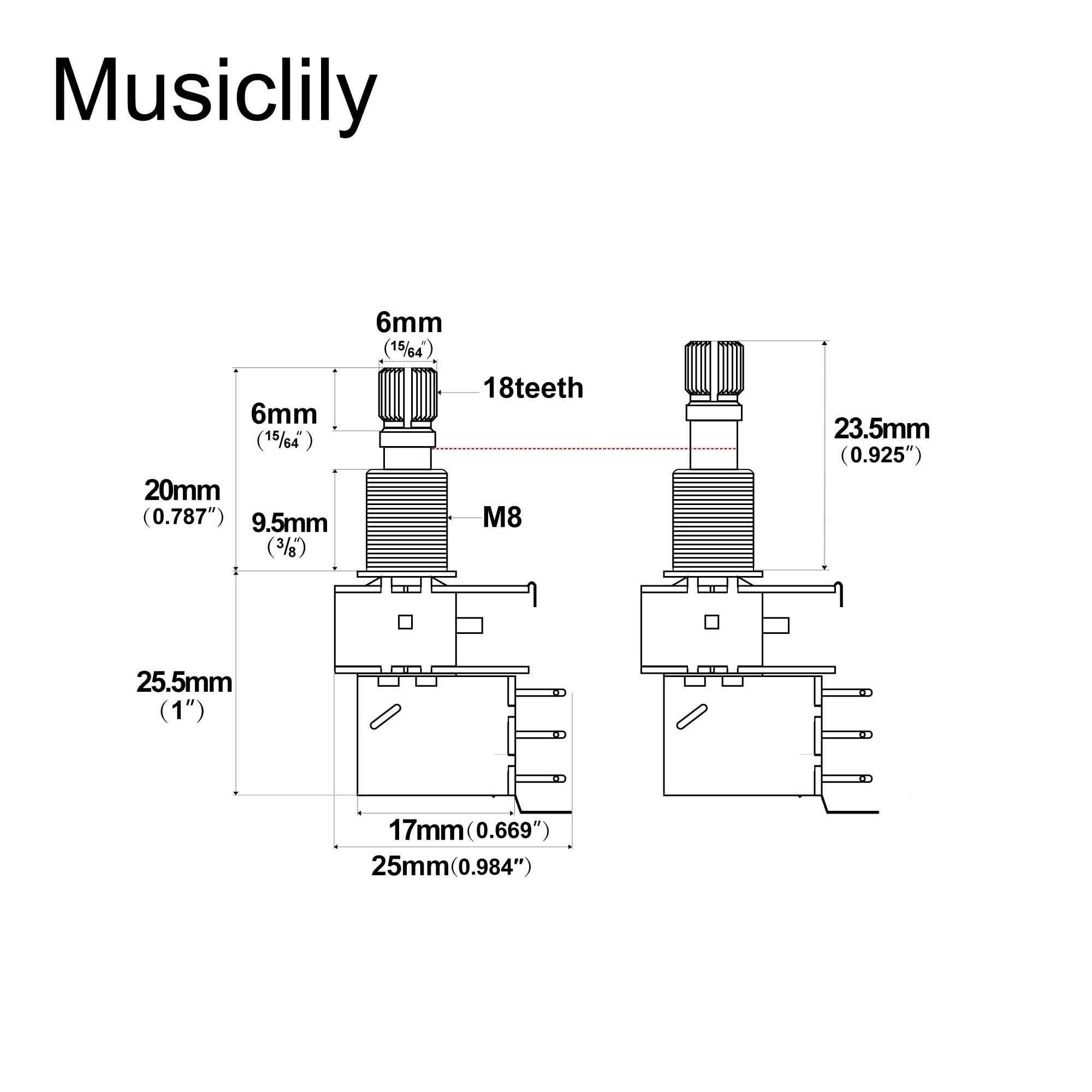 Musiclily Pro A500K Potencjometr Push-Push Mosiężny Metryczny Split Standardowy Shaft 9,5mm Audio Pot do Gitary Elektrycznej Basowej (10 szt.)