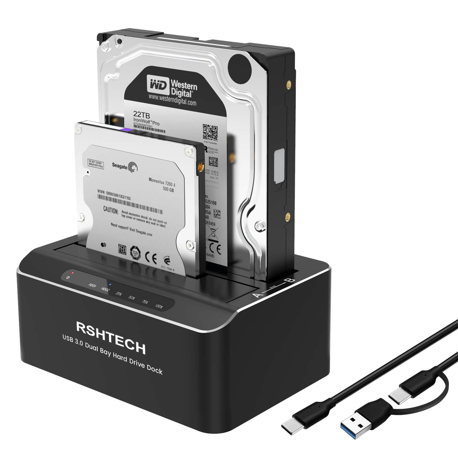 RSHTECH Hard Drive Docking Station Aluminum USB-C/USB 3.0 to SATA Dual Bay Hard Drive Dock for 2.5 or 3.5 inch HDD SSD, with 2-in-1 USB Cable, Support Offline Clone, UASP and 2x22TB, RSH-DS01C