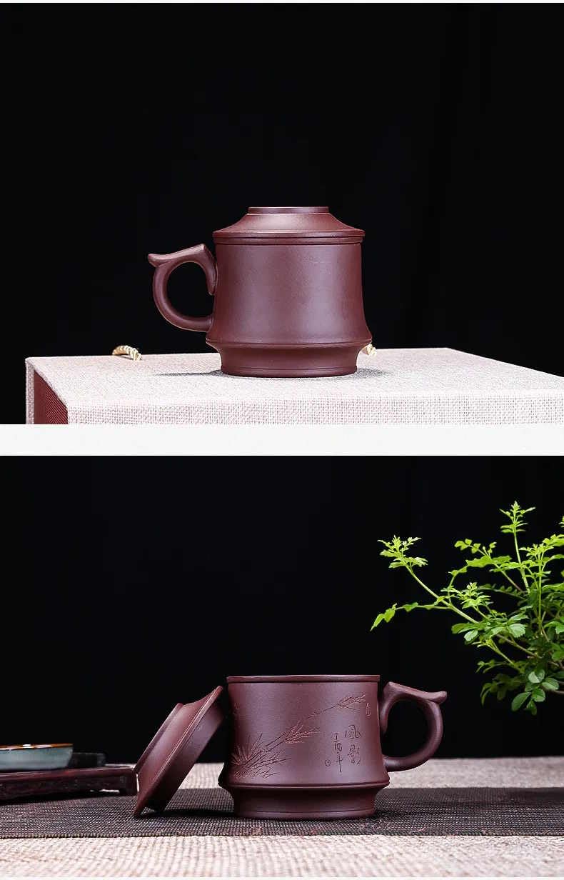 Tasse à thé au sable violet faite à la main – Tasse en céramique double couche avec motif floral, 350 ml | Tasse en argile zisha chinoise violette et rouge pour les amateurs de thé et cadeau