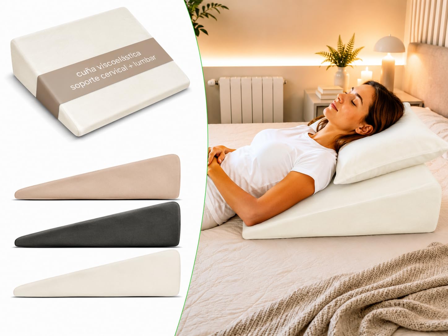 Cojín Cuña Viscoelástica 75x68x16 cm Blanca Lectura Cama y Sofá – Almohada Cuña Antirreflujo, Hernia de Hiato y Postoperatorio - Cuña Visco Oeko-Tex, Funda Lavable 100% Made in Spain