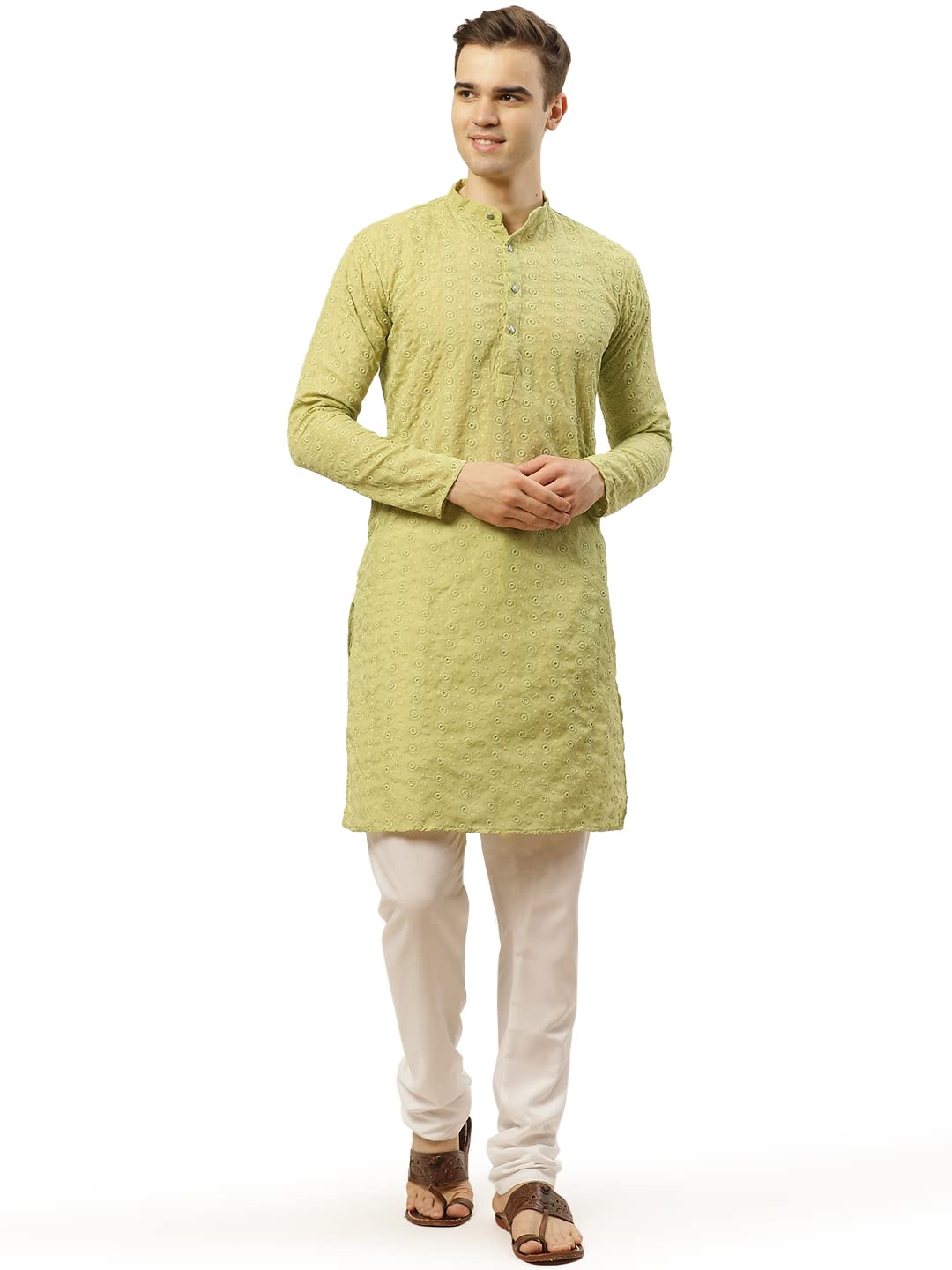 Jompers Men's Green Embroidered Straight Kurta Pyjama Set. (Green, L)