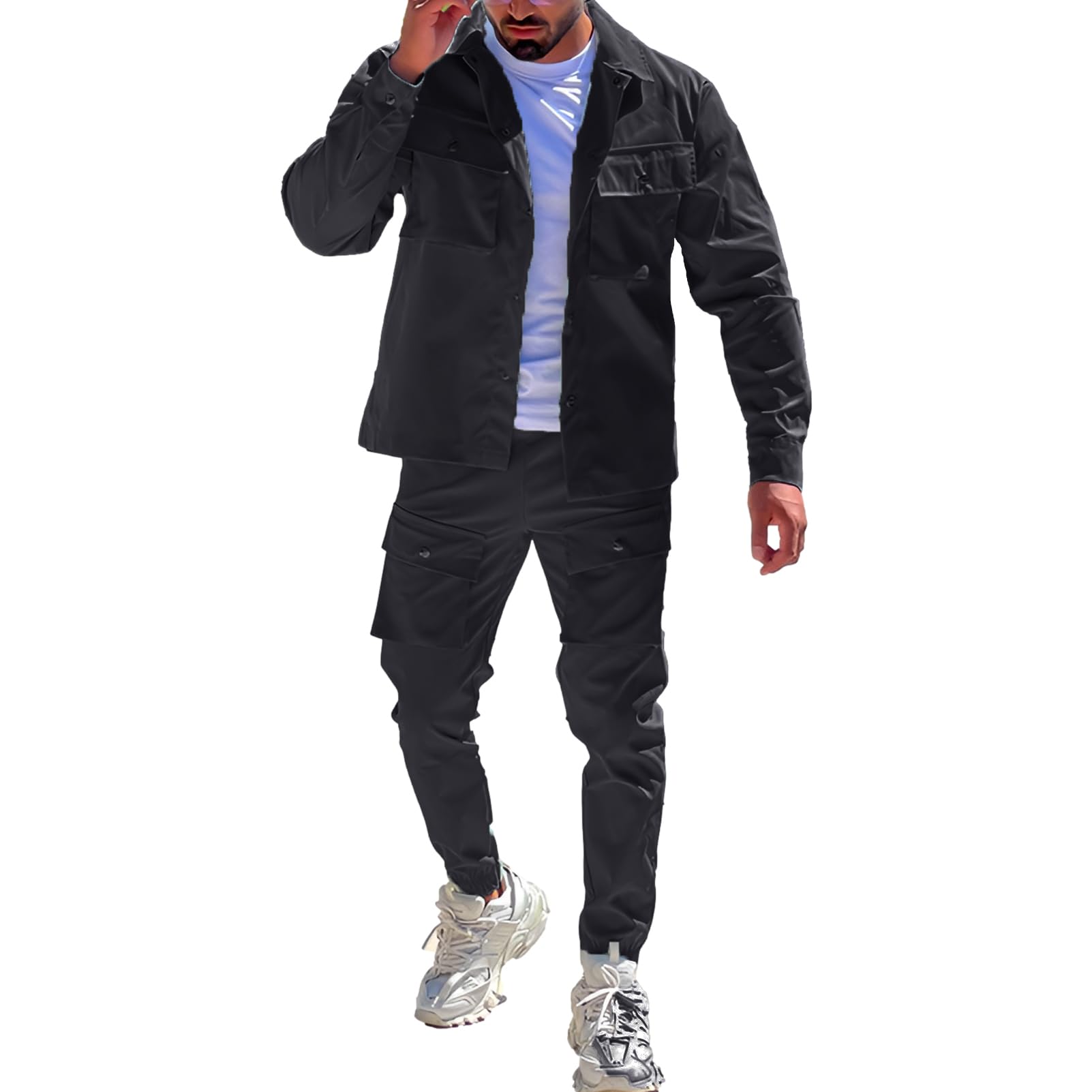 amropi Hommes Ensemble de Survêtement Veste à Boutons et Pantalons Cargo Jogging Combinaison avec Poches