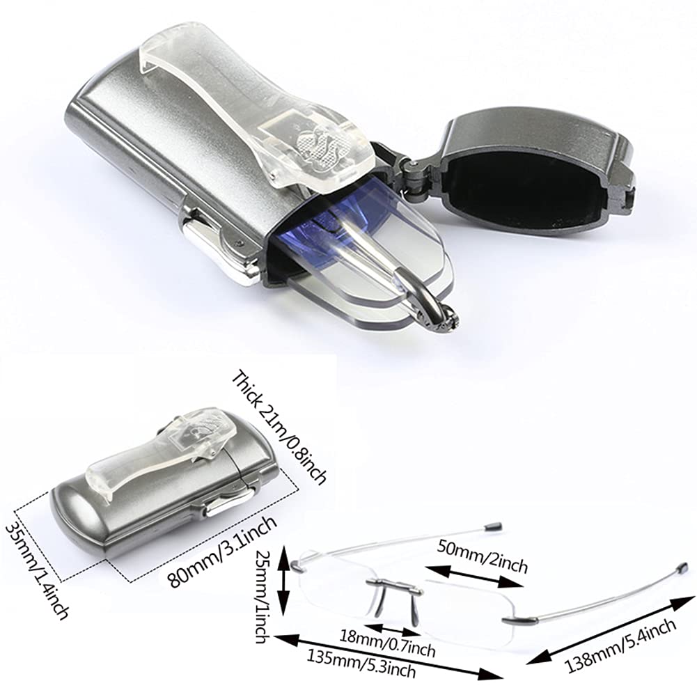 JUNZ +3.0 Occhiali da Lettura Pieghevoli Portatili con Anti Luce Blu,+3.5 Mini Occhiali da Lettura Tascabili con Custodia a Clip,Argento
