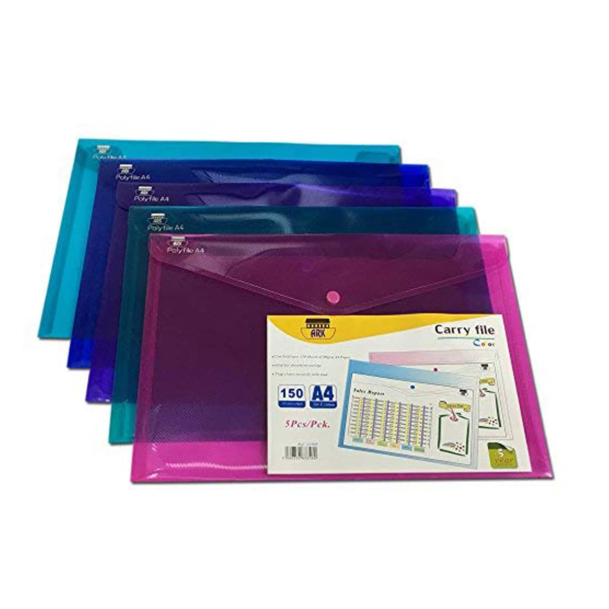 ARK Carry File Popper Wallet File with Press Stud Closure [Pack of 5] (Electra Assorted, A4)