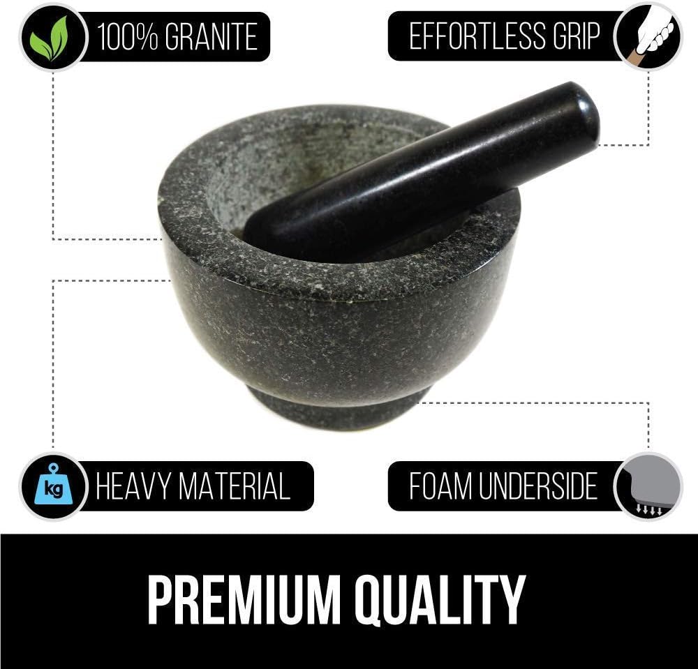 Gorilla Grip Mortar and Pestle and Box Grater, Both in Black Color, Granite Mortar and Pestle Holds 1.5 Cups, Grater is 4-Sided, Includes Detachable Container, 2 Item Bundle