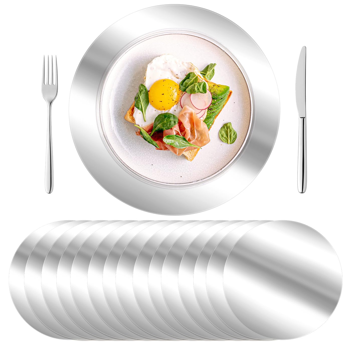 KesaPlan 100PCS Round Silver Placemats, 13" Disposable Paper Placemats for Dining Table, Mirrored Silver Charger Place Mat for Kitchen Banquet Table