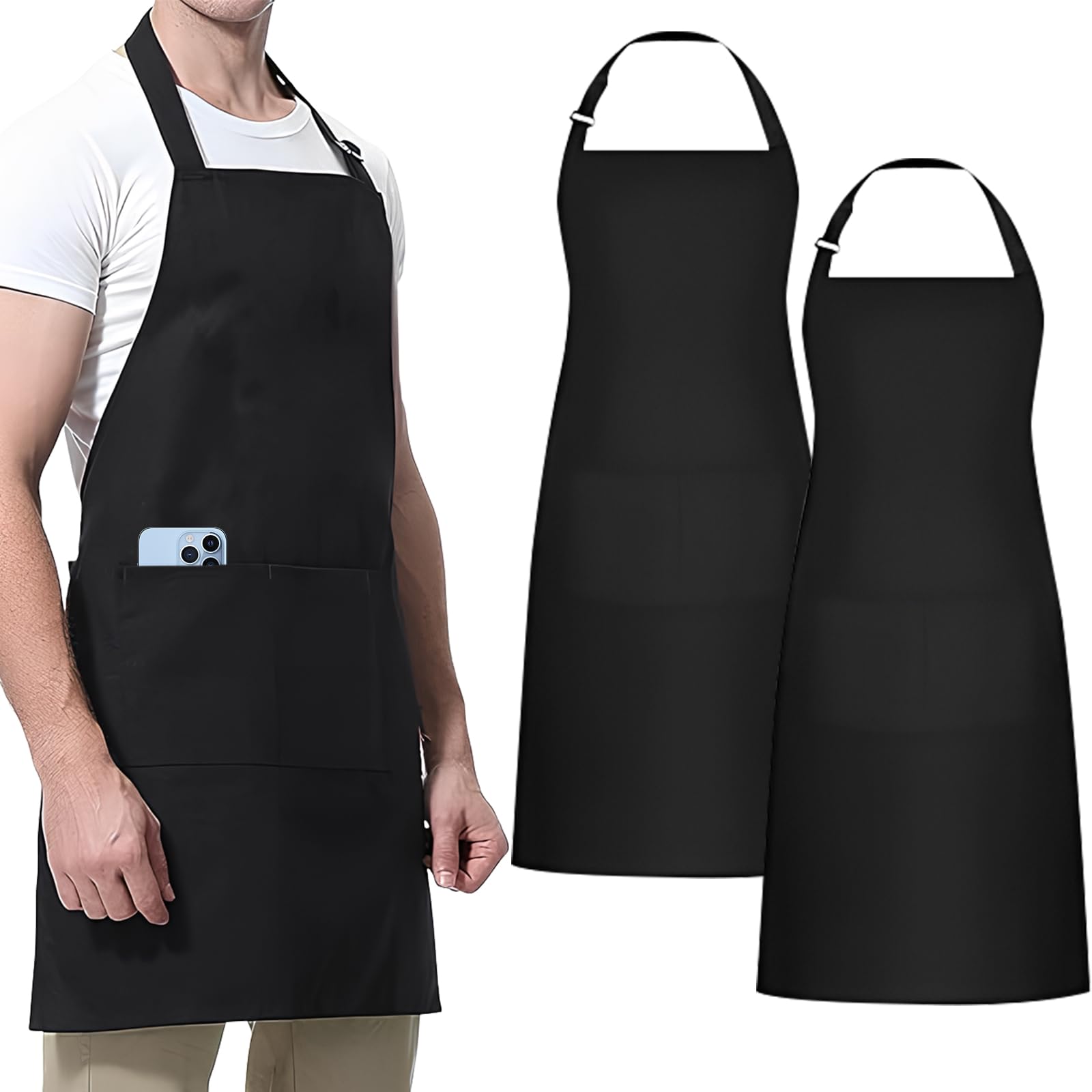 2 Piezas Chef Delantal, Negros Ajustable Delantales con 3 Bolsillos, Delantal de Barbacoa Impermeable, Delantal de Cocina para Hombres y Mujeres, Cocinar, Restaurante, Café, Hornear, Jardín
