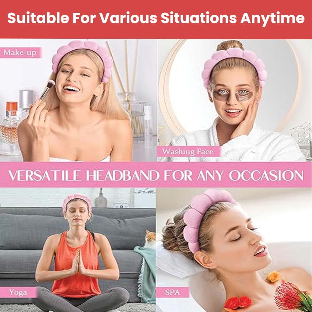 TEMPERIA Makeup Headband Wristband Set for Women & Girls | Hair Band for Facial Time | Head Bands Skincare Hairband for Spa | 3 Pieces Set | Pink 2