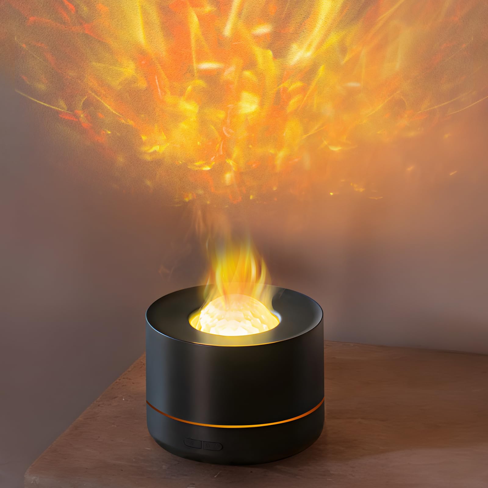 essential oil diffuser, colorful flame fire diffuser, bedroom atmosphere light, starry sky projection light, cold mist aromatherapy with automatic shut-off protection. suitable for home, office