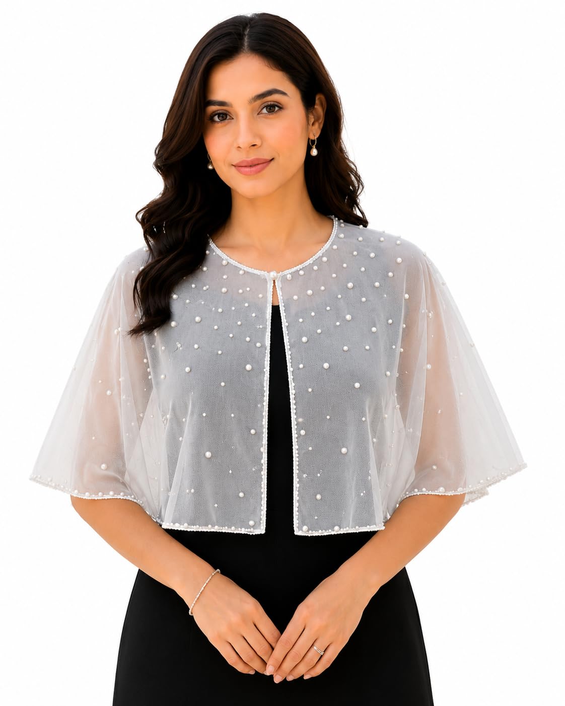 Women's Pearl Embellished Sheer Net Cape Shrug, White-picture-28