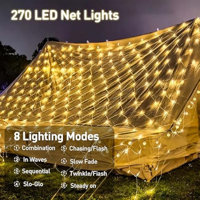 Leisure world 10ft x 10ft LED Net Lights Mesh Fairy String Decorative Outdoor Warm White 8 Modes Connectable 270 Net with Remote, Timer for Wedding Christmas Trees, Bushes, Garden, Outdoor Decorations