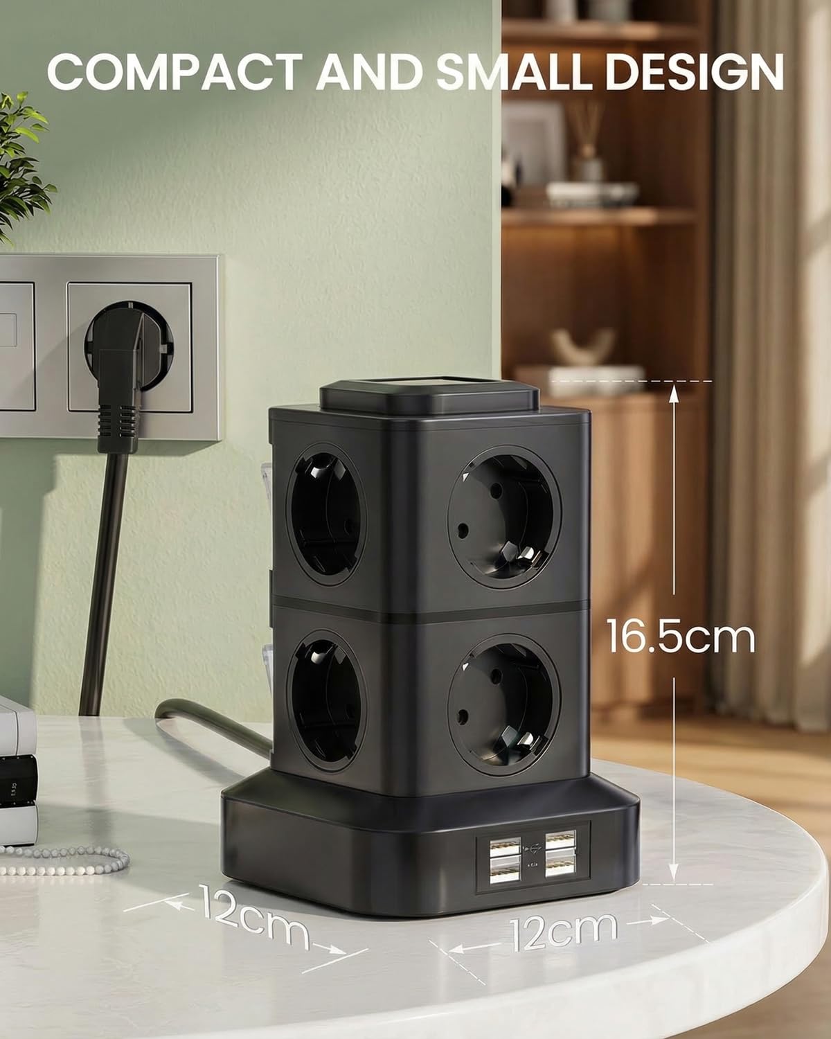 AOKBON Torre Regletas Enchufes 8 Tomas de AC y 4 Regleta USB Enchufe Multiple 2500W/10A Regletas Vertical 3 Metro Regleta Enchufes Proteccion Sobretension con Interruptor para Casa,Mesa, Oficina — view 8
