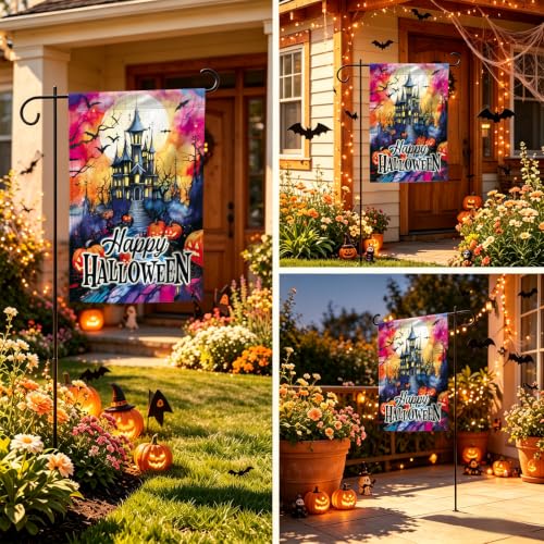 Image of Happy Halloween Garden Flag 12x18 Inch Haunted House Pumpkin Halloween Yard Flag Spooky Fall Porch Decor