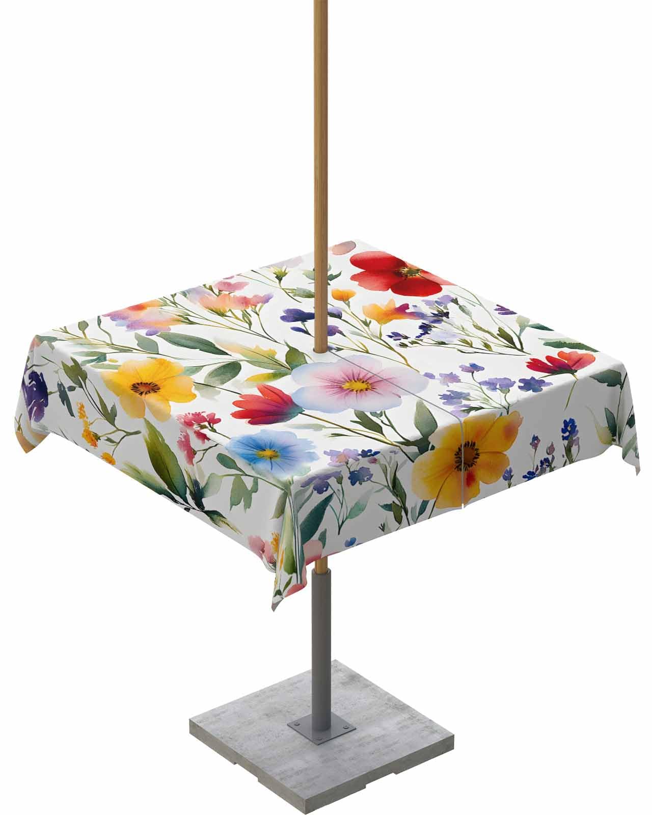 Lsrtoss Outdoor Tablecloth with Umbrella Hole & Zipper, Floral Square Tablecloth 54x54 Inch, Red Yellow Pink Blue Flower Purple Lavender Leaf Patio