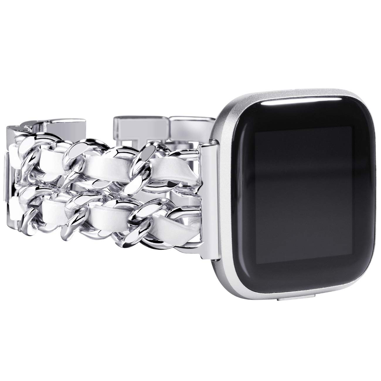 NewWays Compatible for Fitbit Versa 2 Bands For Women, Dressy Bracelet Compatible for Fitbit Versa/Fitbit Versa 2/ Fitbit Versa SE Smart Watch, Silver Link with White Leather