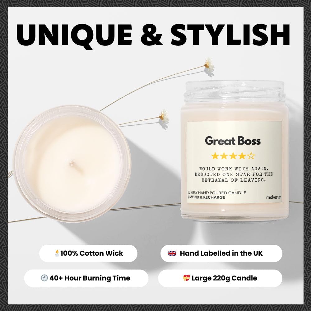 Gift for Departing Boss - Luxury Soy Wax Candle - Vanilla, Jasmine, Sugared Almond - Makester, White, 7.5 cm (W) x 10.5 cm (H) - Image 3