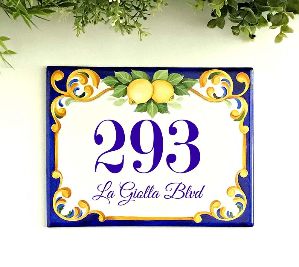 Personalisierte Mediterrane Keramik-Adressplakette mit Hausnummer & Familienname, Blaues Zitronen-Fliesenschild für Haustür, Eingangsbereich, Villa & Zuhause