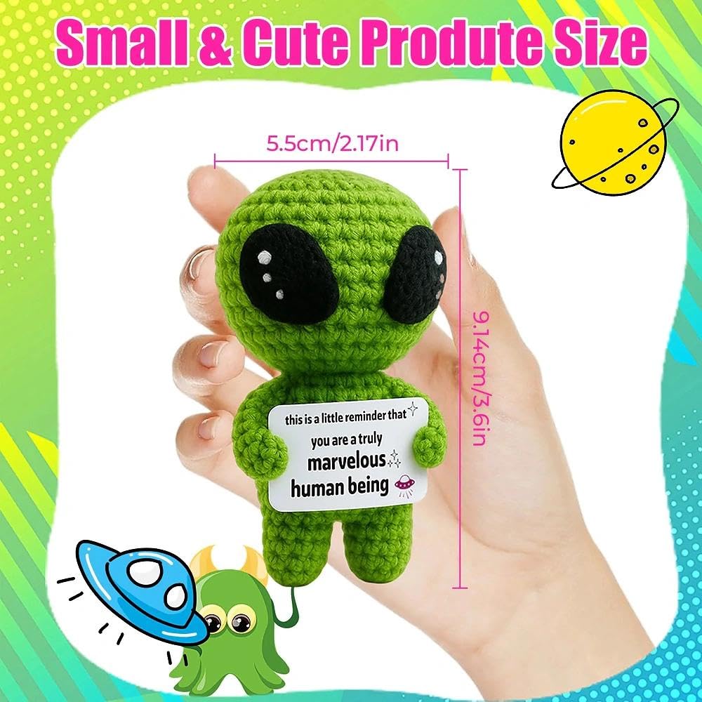 Peluche all'uncinetto con alieno regalo positivo supporto emotivo biglietto positività