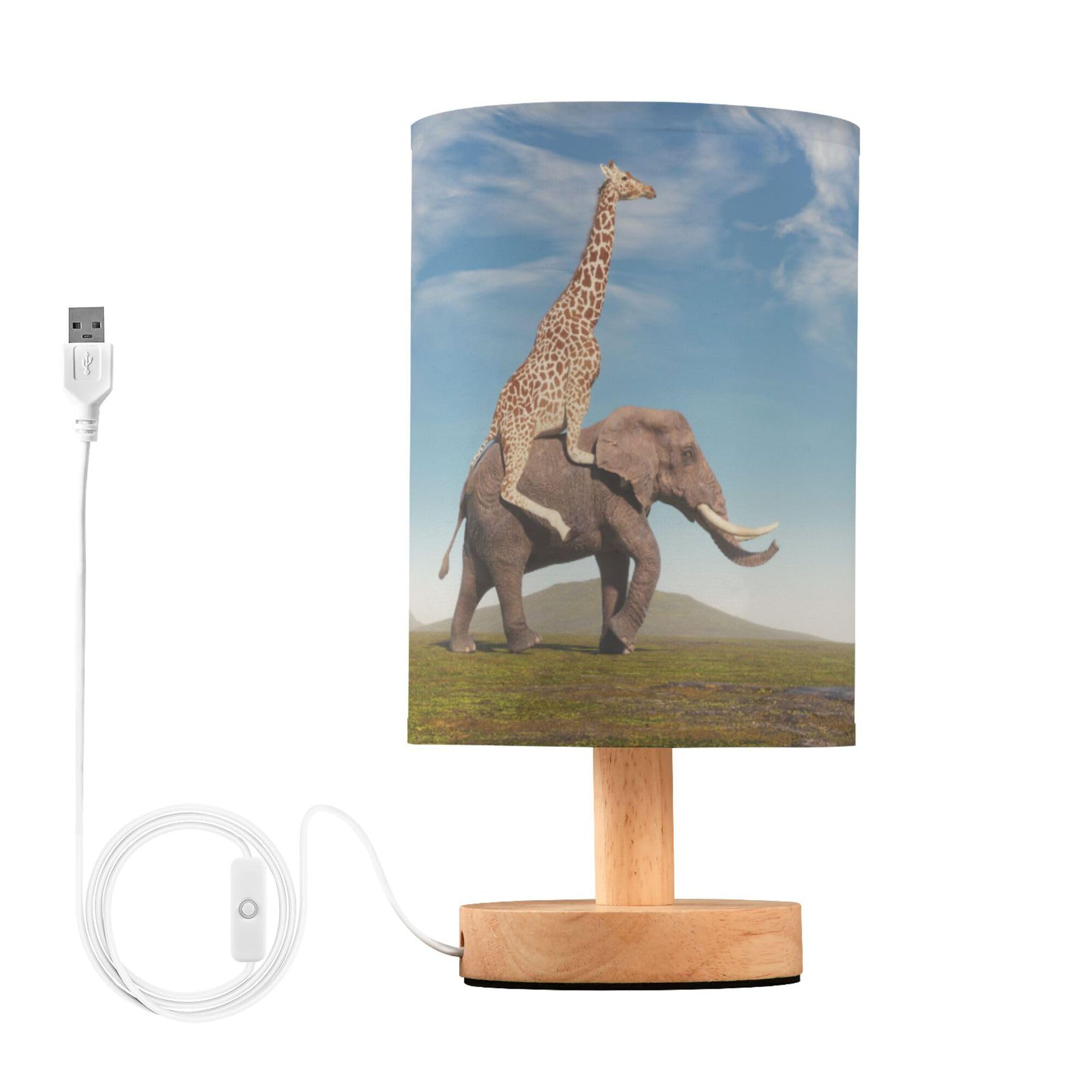 YYZZH Table Lamp Giraffe Elephant in Woodland Nightstand Lamp with Wood Base Fabric Lamp Shade Bedside Desk Lamp for Living Room Bedroom Kids Room Office