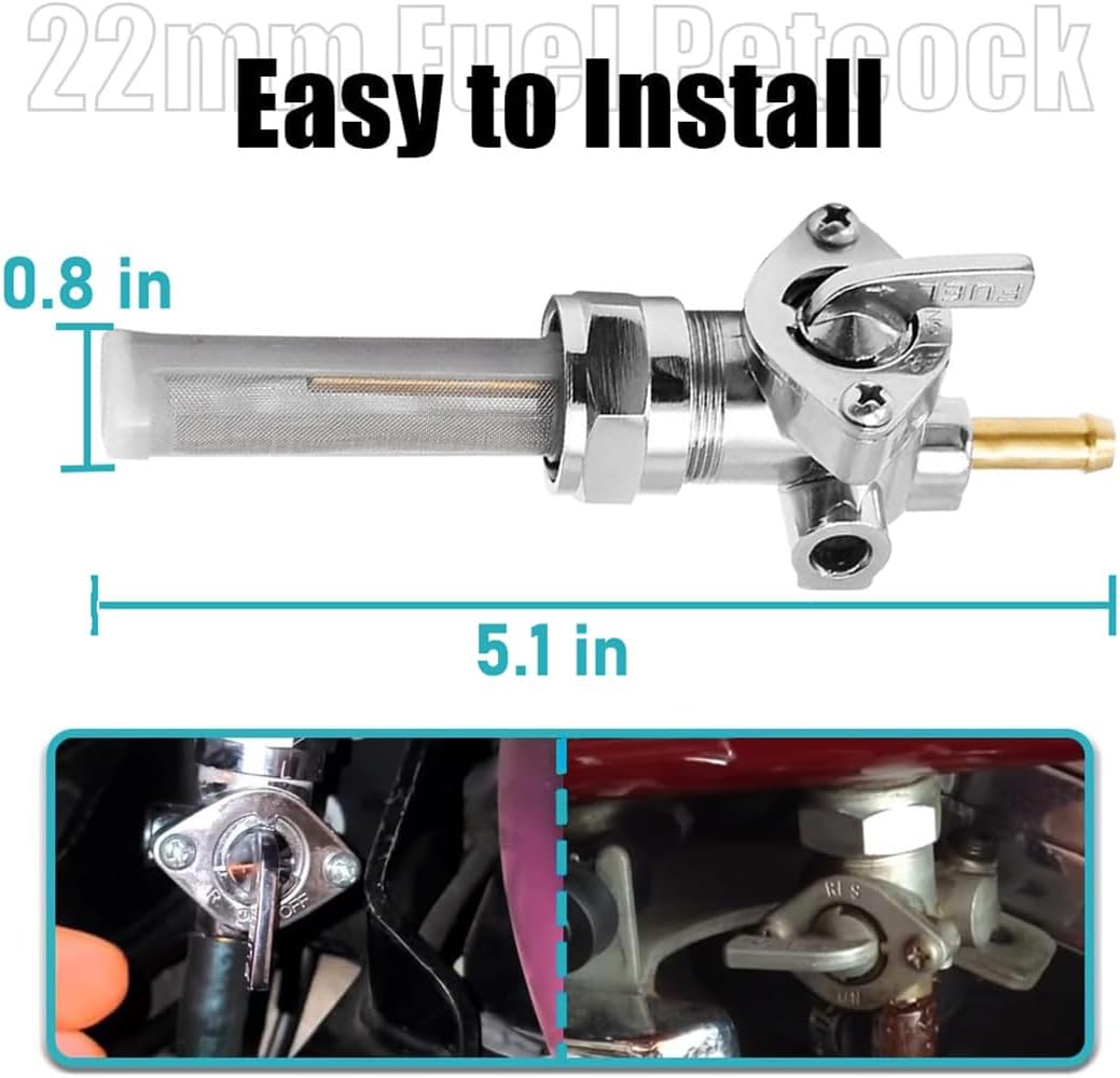 Petcock Fuel Valve Switch 22mm Straight Spigot for Harley Davidson Sportster Big Twin Dyna Fatboy Electra Glide Heritage Softail Springer Sport Super Tour Glide Low Rider Gas Tank Valve Switch Chrome