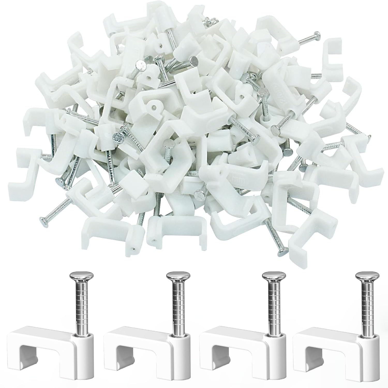 Gulaey Flat White Cable Nail Clips Plastic Electrical Wire for Cat 5 5e / 6 6a / 7 | Cat.5 Cat.5e / Cat.6 Cat.6a RJ11 RJ45 Flat Patch Network Ethernet Internet Leads (Pack of 100) (12MM)