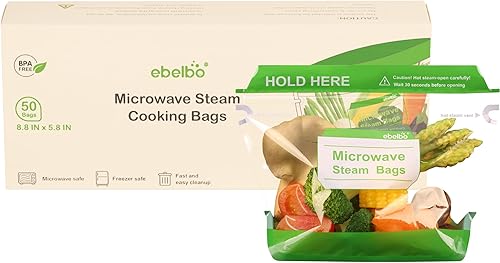 50 bolsas de vapor para microondas de 8.8 x 5.8 pulgadas para cocinar y cocinar al vapor, bolsas desechables de vapor de alimentos para verduras,
