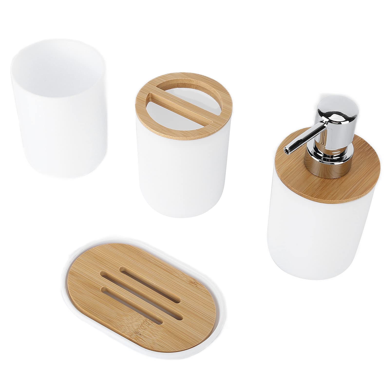 Set Accessori Bagno 4 Pezzi in Plastica Effetto Legno Bianco, Portaspazzolino Portasapone Dispenser Sapone e Tazza, Kit Portaoggetti Compatto per Bagno Casa Moderno