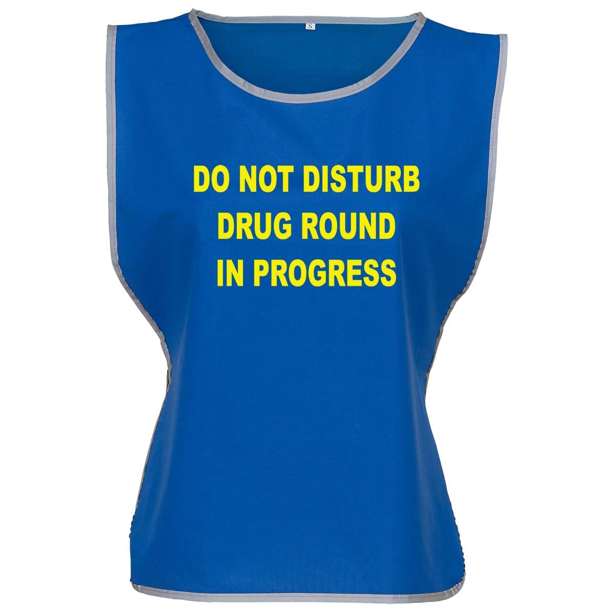 Workwear World 'Drug Round In Progress' Front/Back Printed Text Hi Vis Reflective Trimmed Border Medical Care Home Tabard (UK, Alpha, XXL, 3XL, Regular, Regular, Royal/Yellow Print)