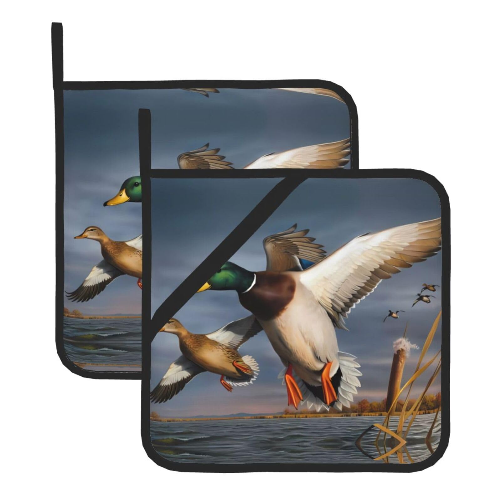 WHJSSF mallard duck Prints Square Pot Holders - Heat Resistant Kitchen Trivets 2-Pack - Waterproof Covers for Hot Dishes, Oven & Grill with Hanging Loop